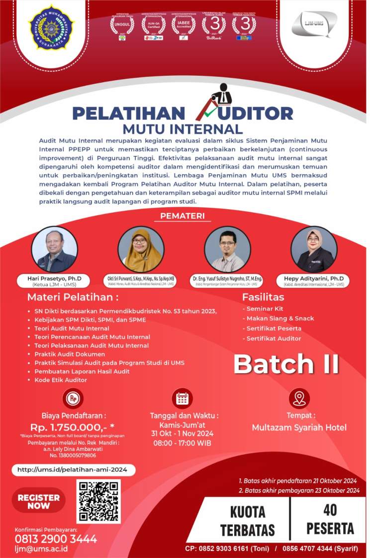 Read more about the article Undangan Pelatihan Auditor Mutu Internal bagi Peserta Eksternal UMS Tahun 2024 #Batch 2